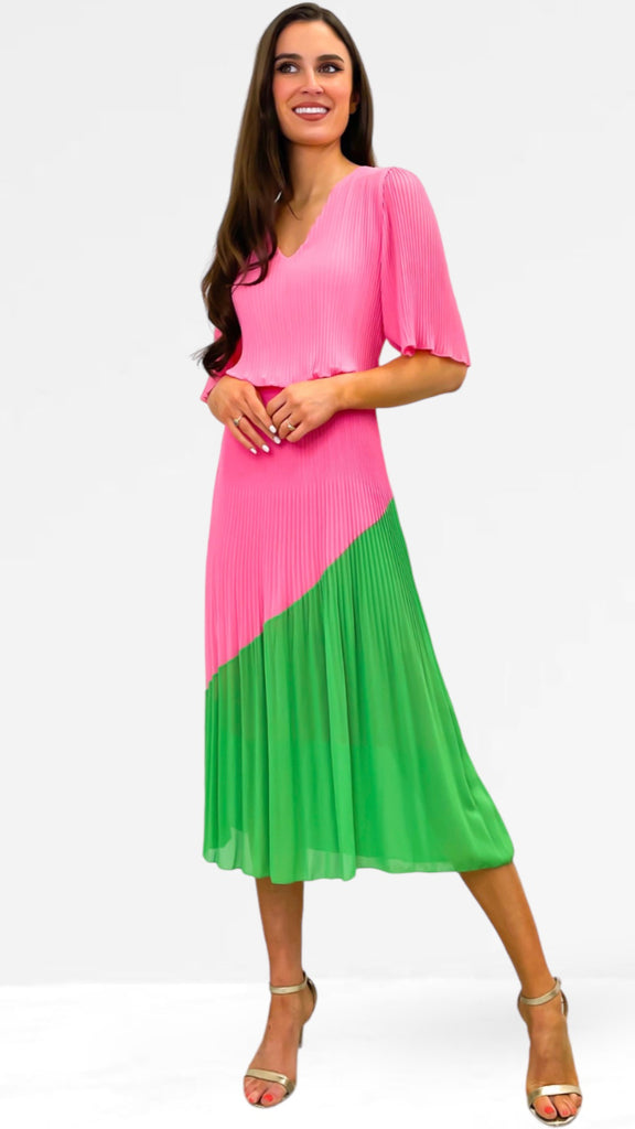 A0831 Pink / Green Loose Top Pleat Dress