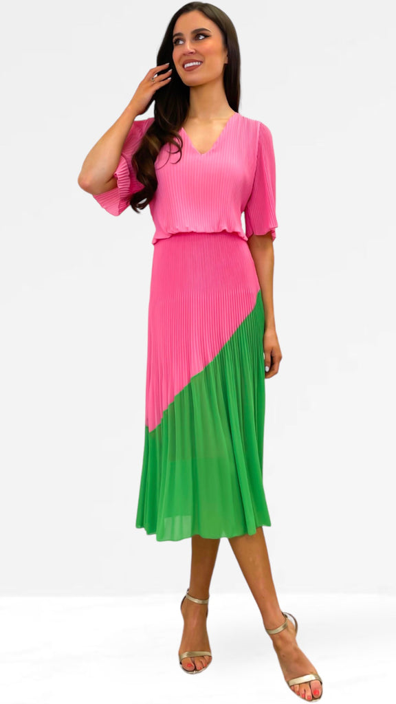 A0831 Pink / Green Loose Top Pleat Dress