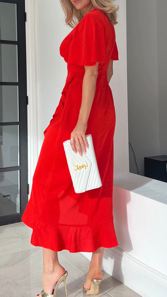 A0841 Quinn Tomato Faux Wrap Dress
