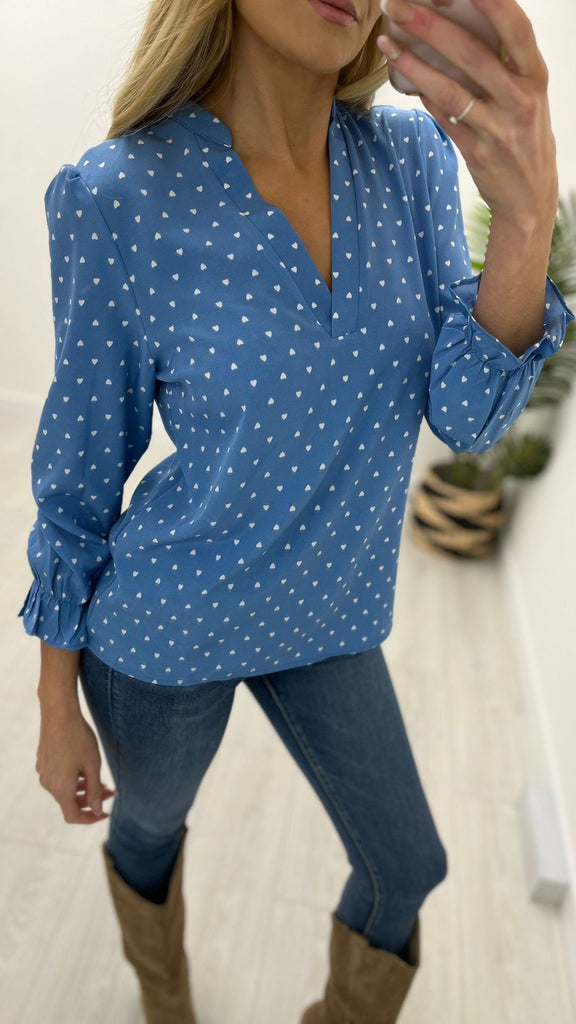 1-A0676 Blue Polka Print Top