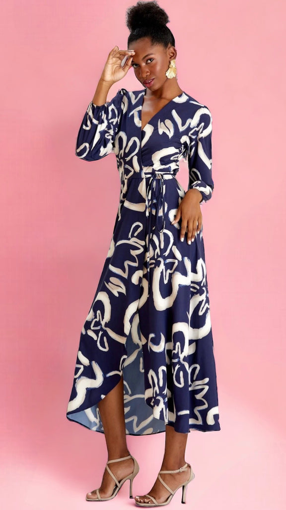 5-A1450 Lora Navy Print Wrap Dress