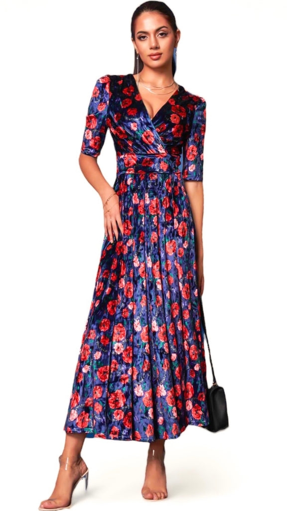 4 A1271 Navy Floral Velvet Midaxi Dress