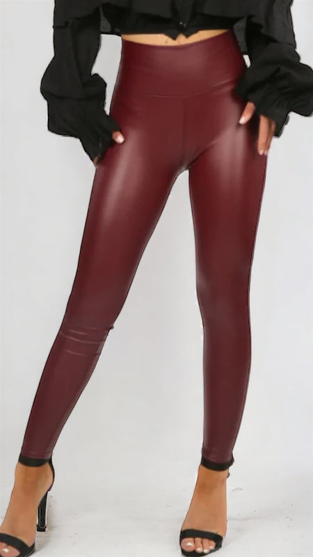 A1122 Wine Leather Look Leggings