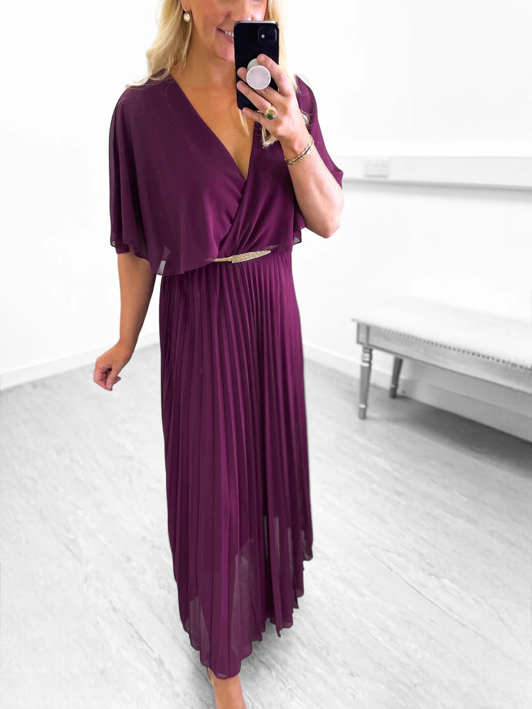 A1011 Magenta Cape Pleat Dress