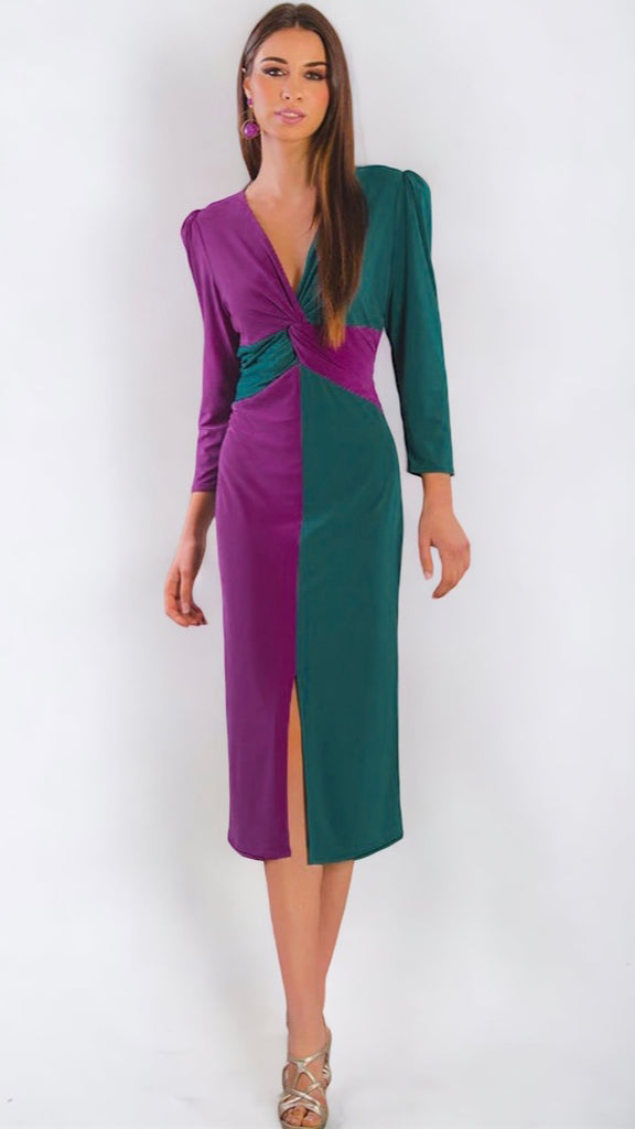 4-A1058 Green/Plum Twist Front Dress