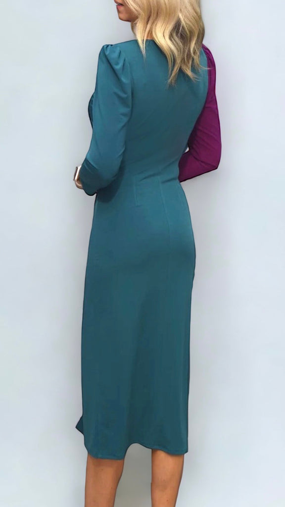 4-A1058 Green/Plum Twist Front Dress