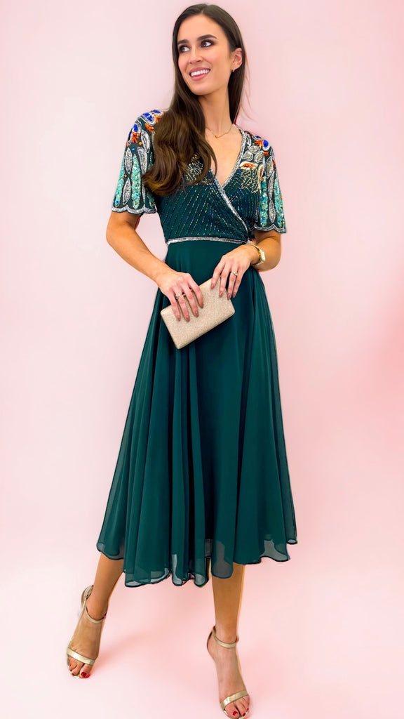 A1038 Dark Green Embellished Flare Dress