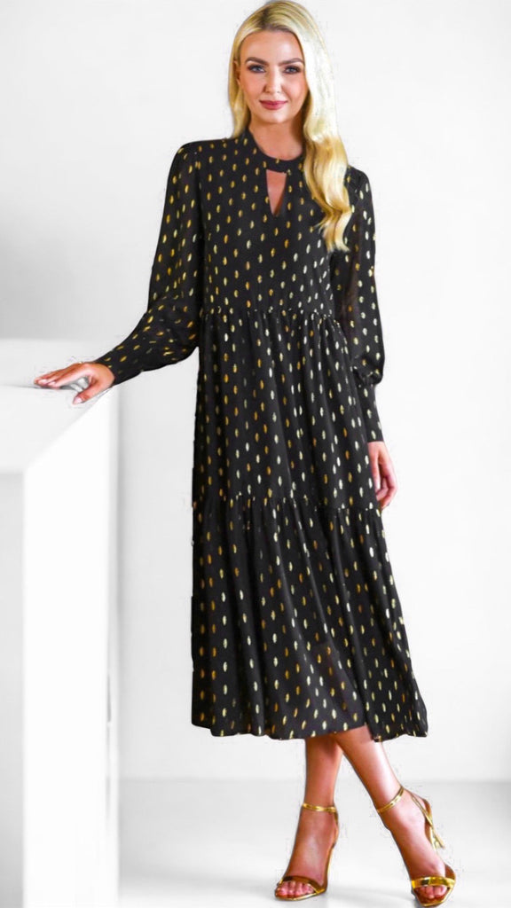 A1195 Lia Black/Gold Smock Midi Dress