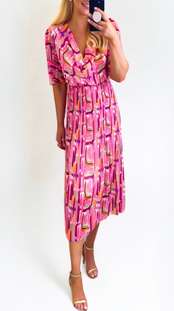 4-A1365HH Pink Print Cowl Neck Dress