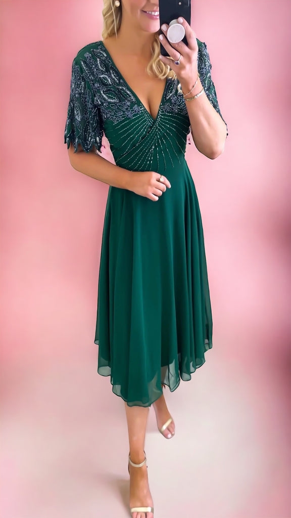 4-A1354 Tilly Green Embellished Flare Dress