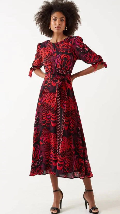 A1223 Gabi Floral Print Midi Dress Red