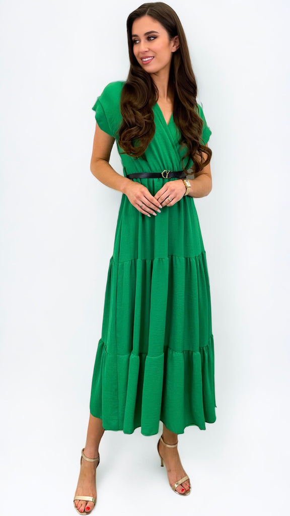A0908 Green Flounce Belted Dress