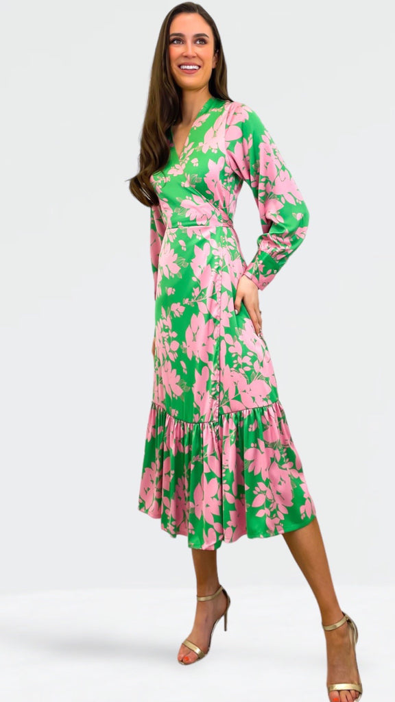 A0782 Cassandra Wrap Dress Green/Pink