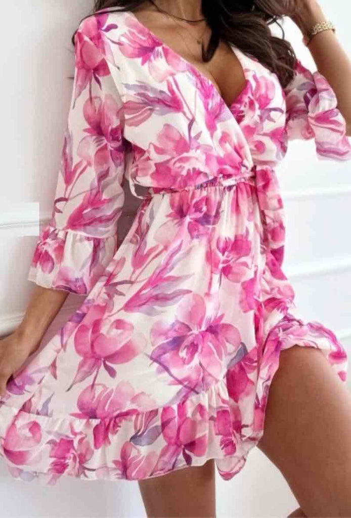 A0825 Pink Floral Flounce Dress