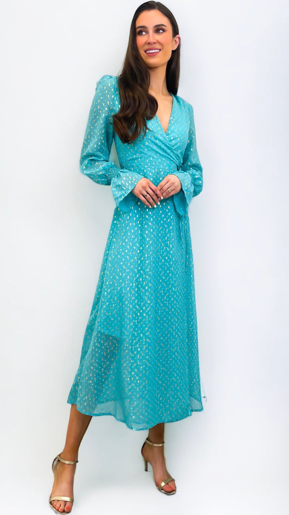 4-A0726 Sian Gold Foil Spot Dress in Turquoise