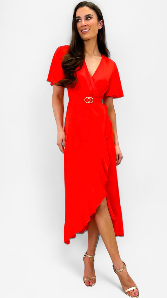 A0841 Quinn Tomato Faux Wrap Dress