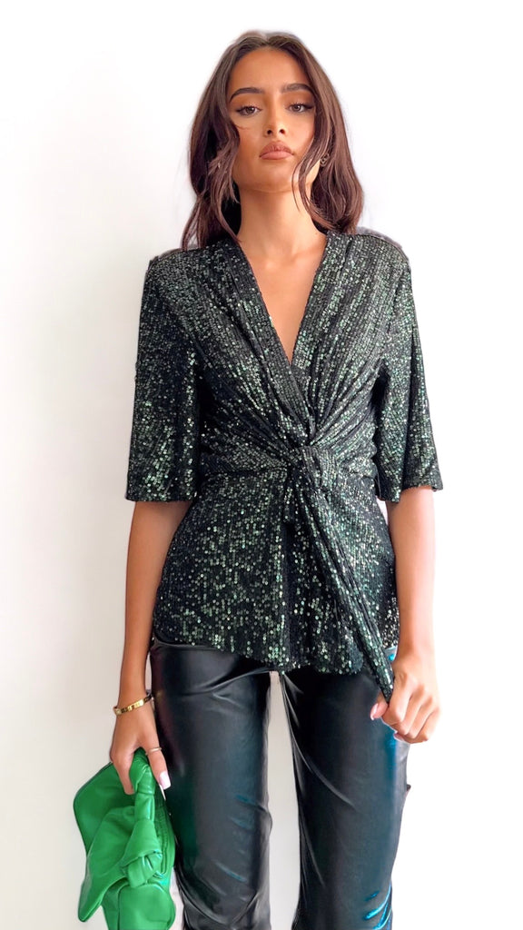 4-A1948JJ Green Sequin Faux Wrap Top
