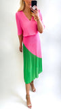 A0831 Pink / Green Loose Top Pleat Dress