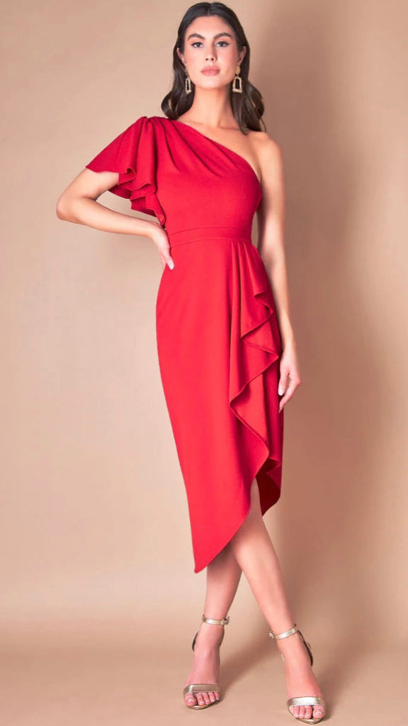 A0817 One Shoulder Frill Dress Red