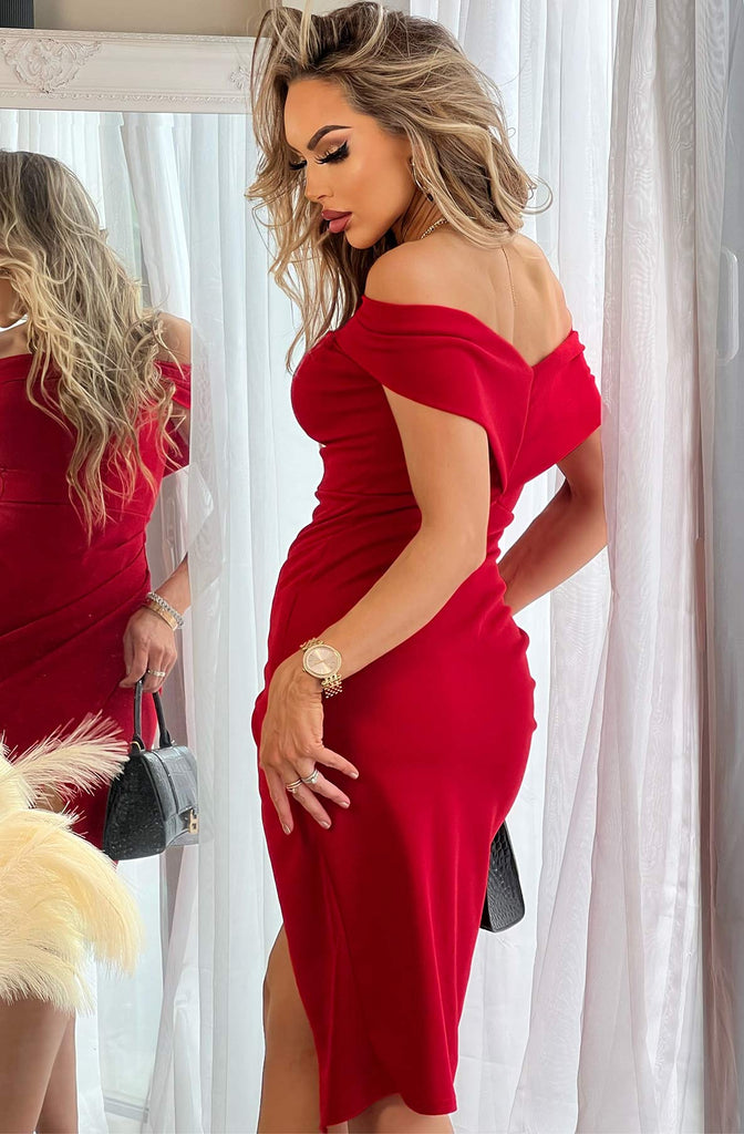 A0996 Aria Bardot Bodycon Dress Red
