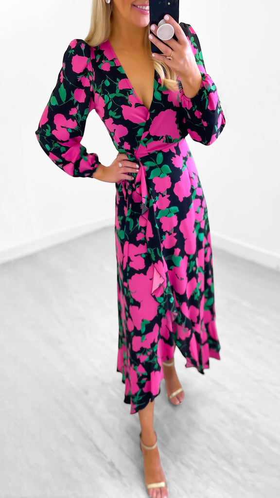 A1015 Kelda Pink Floral Wrap Dress