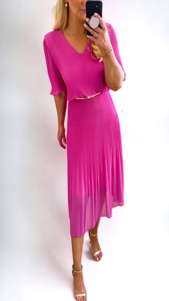 1-A0833 Pink Loose Top Pleat Dress