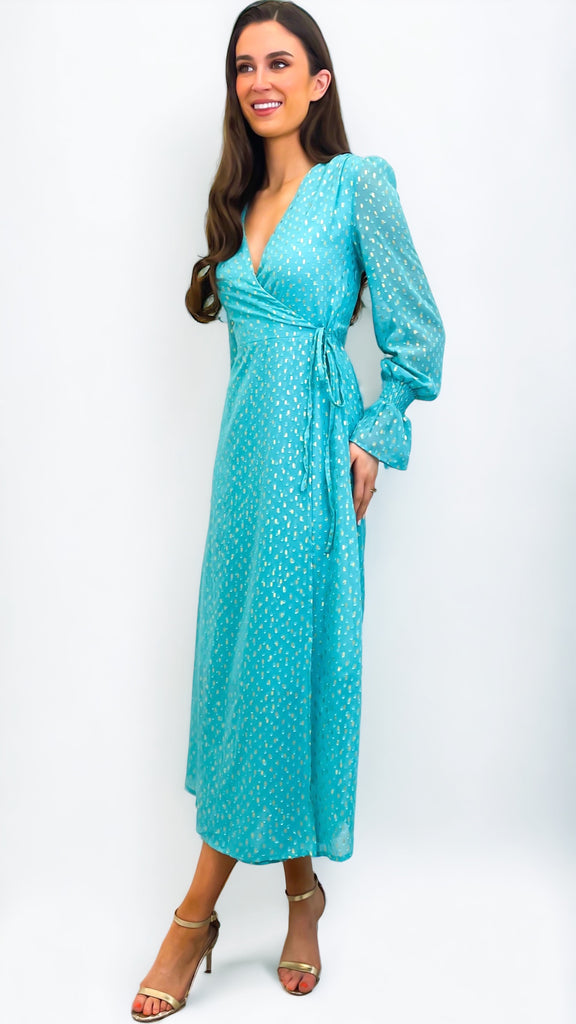 4-A0726 Sian Gold Foil Spot Dress in Turquoise
