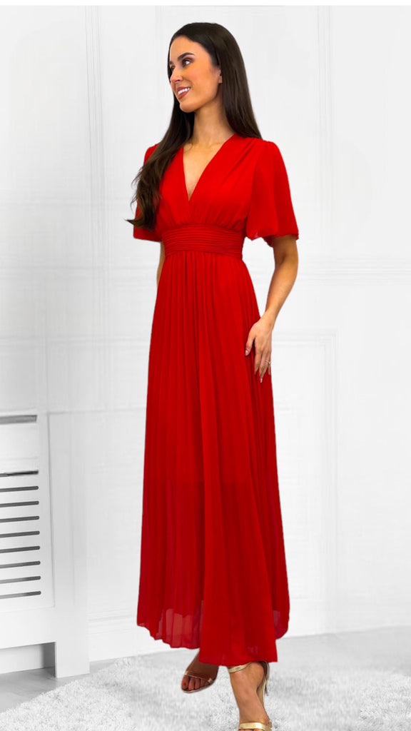 A0690 Red Floaty Sleeve Pleat Dress