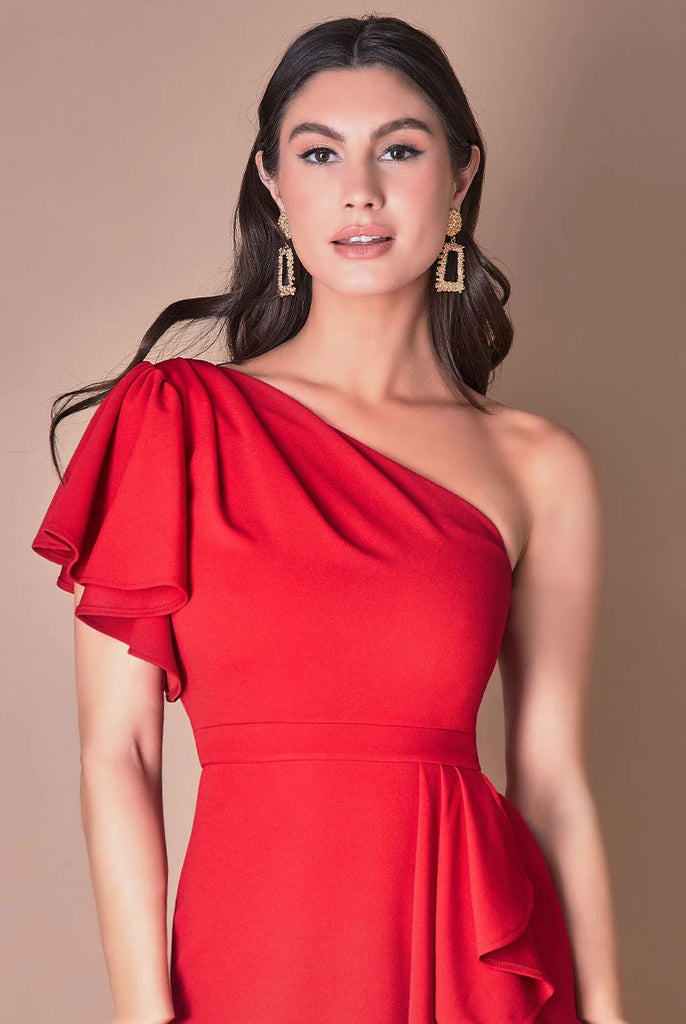 A0817 One Shoulder Frill Dress Red