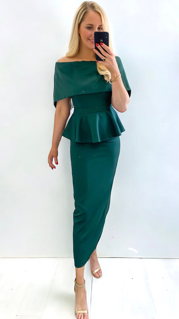 4-A1320 Green Peplum Bardot Dress