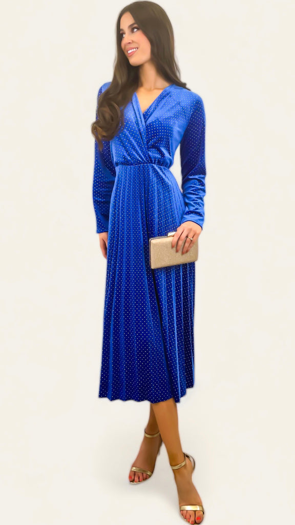 A2087BB Blue Dotty Velvet Pleat Dress