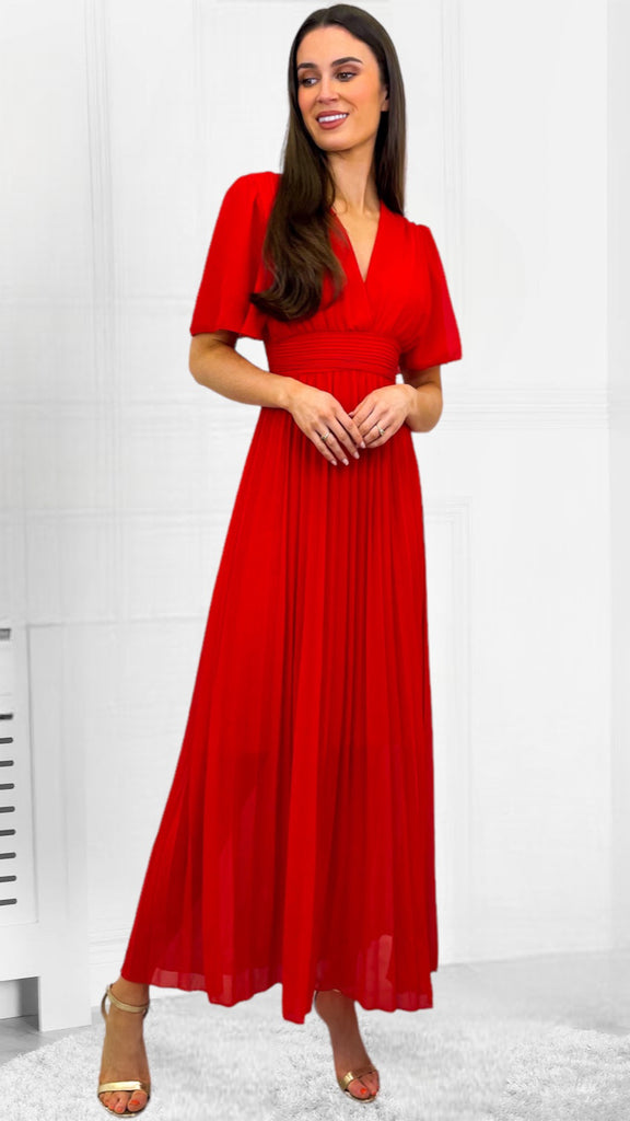 A0690 Red Floaty Sleeve Pleat Dress