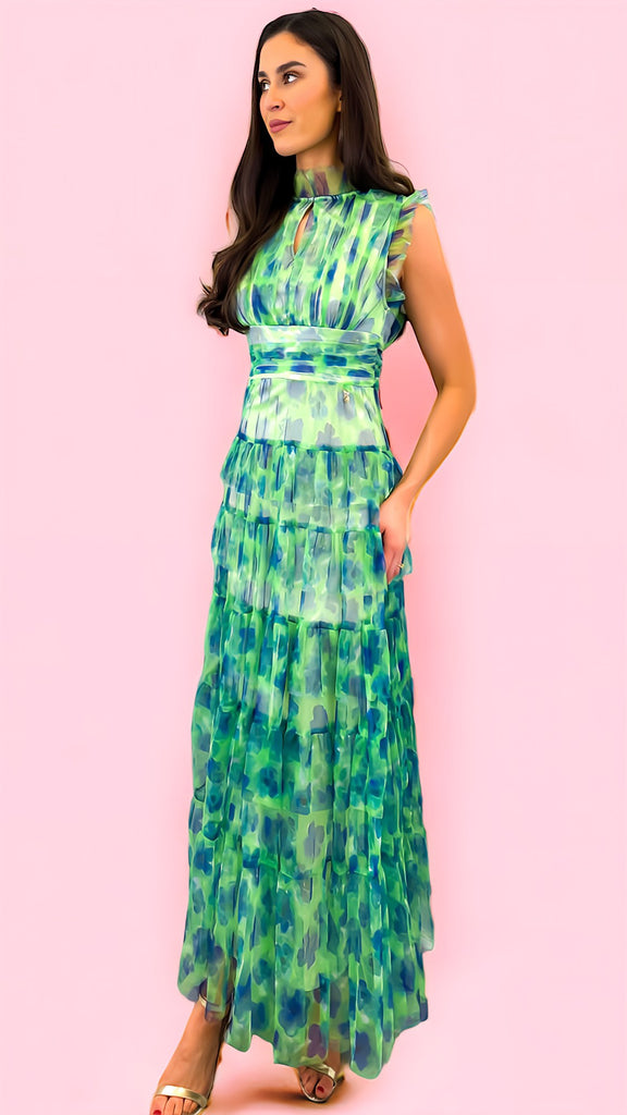 1-A1465 Mint Print Malva Flounce Maxi Dress