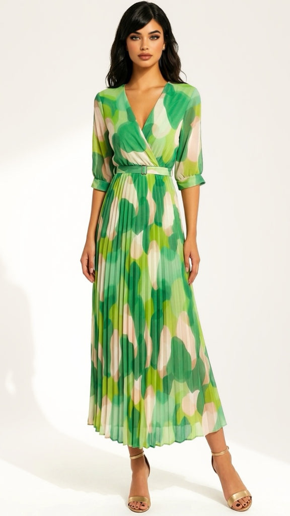 A2972 Polly Green Print Pleat Dress