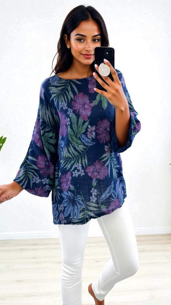 A2497 Keira Navy Print Cotton Top
