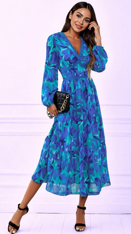A2340 Teal&Red Print Malva Flounce Dress