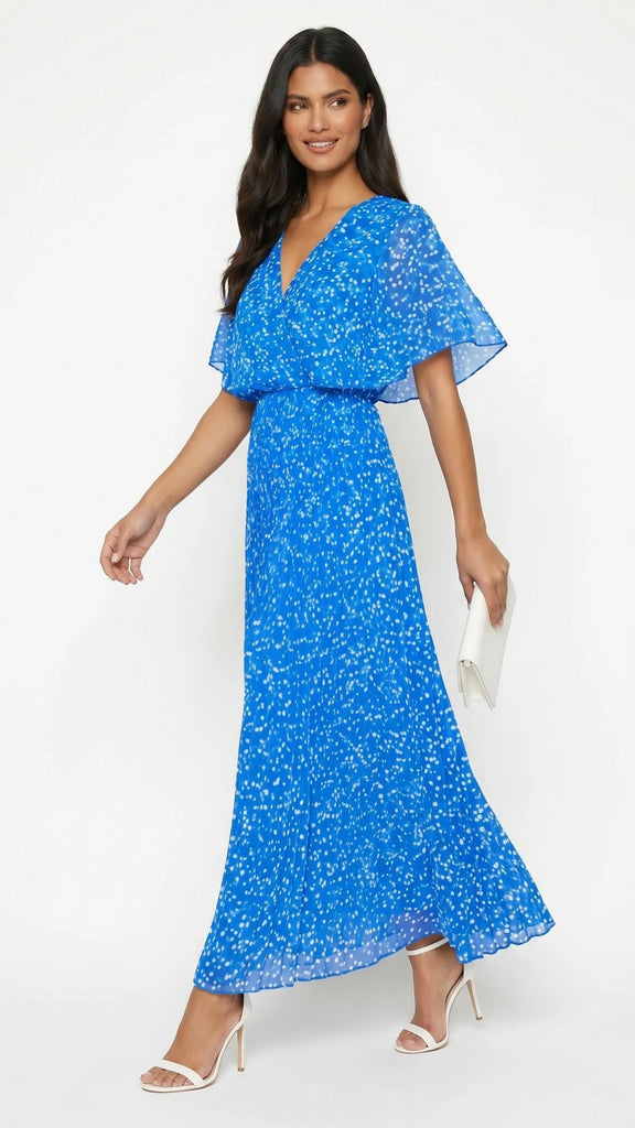 A3091 Royal Print Cape Pleat Dress