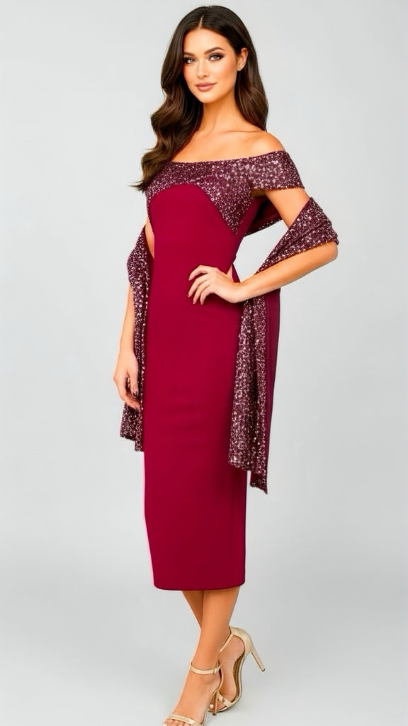 A2724CC Burgundy Bandage Sequin Crossover Dress