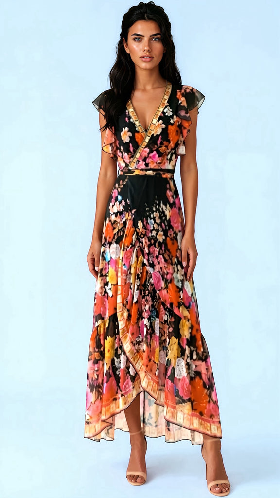 A2991V Mia Black Floral Wrap Dress