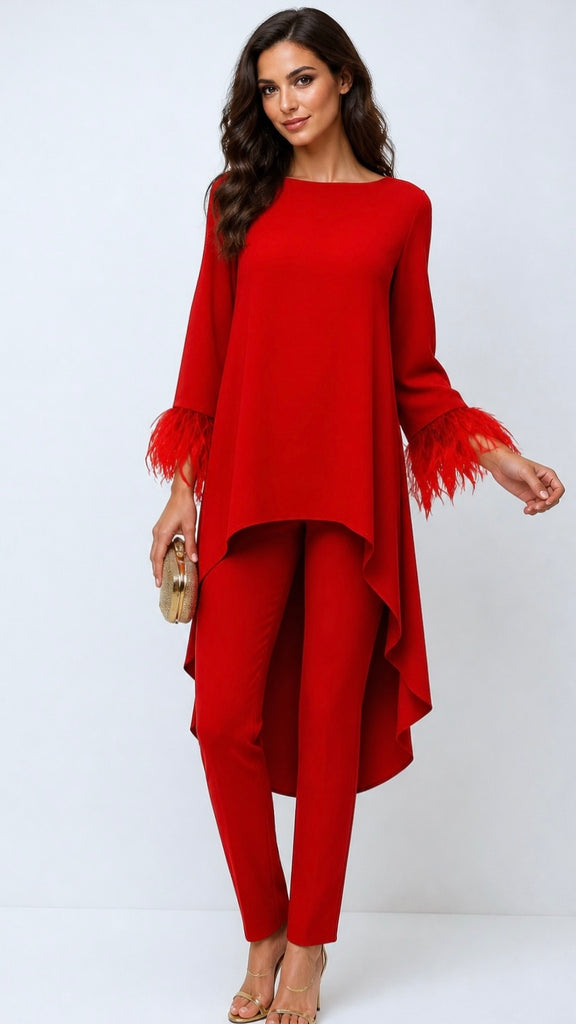 A3218 Evalo Red Feather Trouser Set 2 Piece