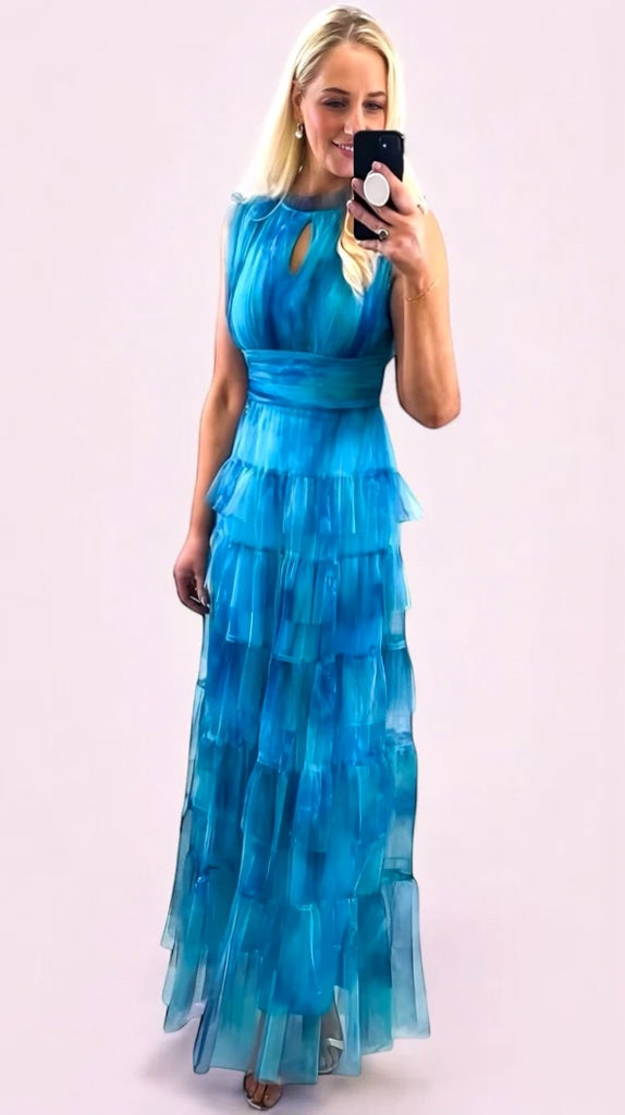 A2249 Turq Print Malva Flounce Maxi Dress