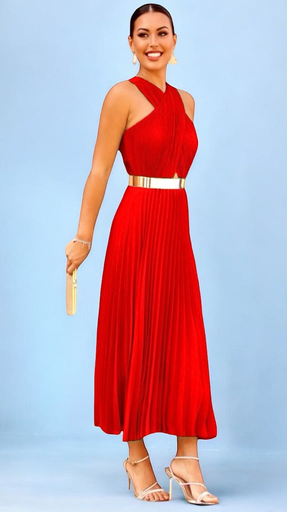 A2255 Red Criss Cross Halter Dress