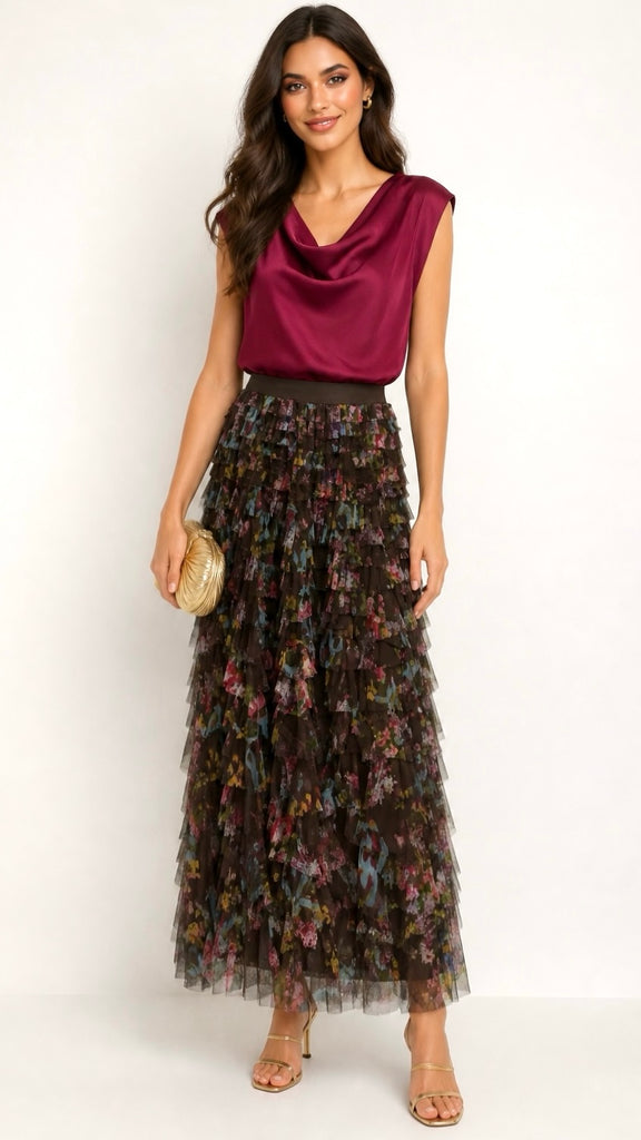 A3234 Brown Multi Tulle Ruffle Maxi Skirt