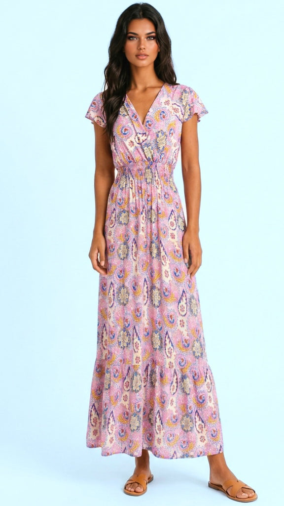 A3101 Vicki Pink Print Maxi Dress