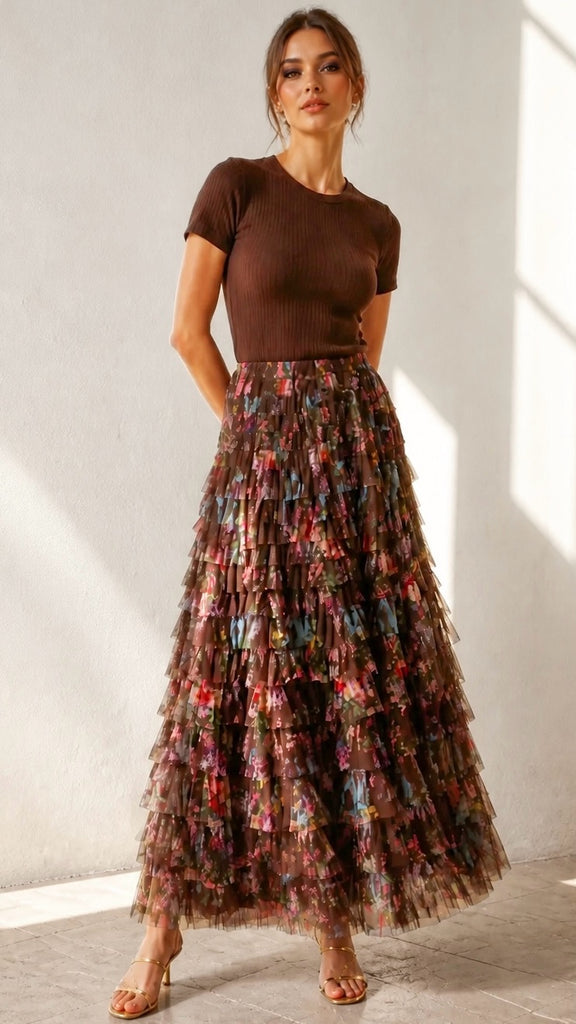 A3165 Brown Multi Tulle Ruffle Maxi Skirt