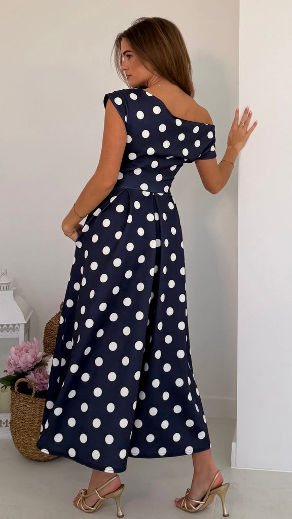 A3153 Maxime Navy Dotty Asymmetric Dress