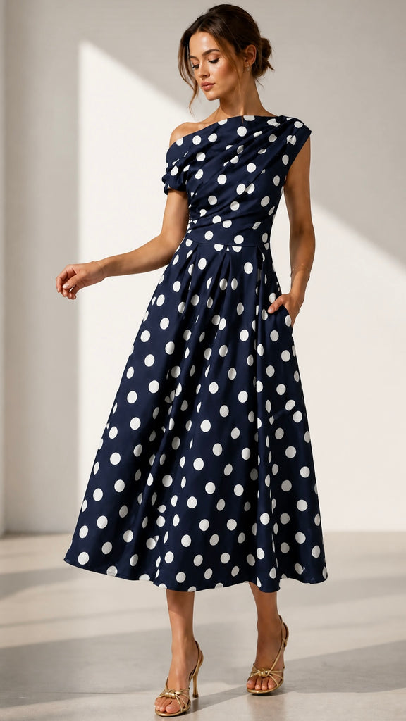 A3153 Maxime Navy Dotty Asymmetric Dress