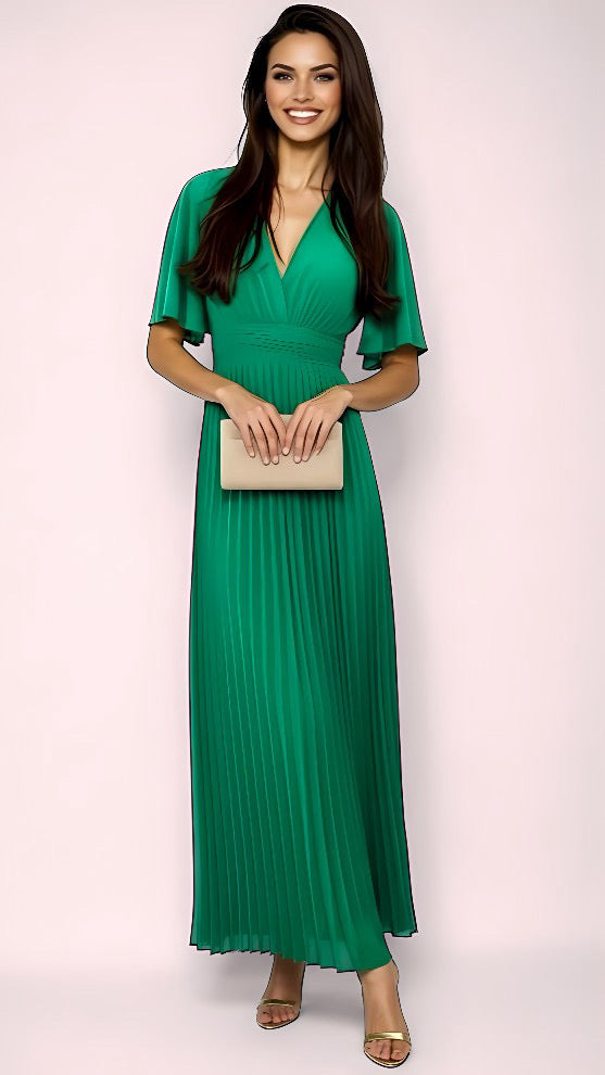 A2861 Green Floaty Sleeve Pleat Dress