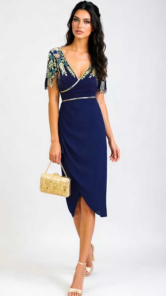 A2831 Navy Embellished Wrap Skirt Dress