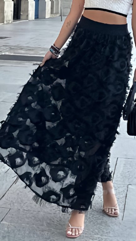 A2798 Black Ruffle Midi Skirt